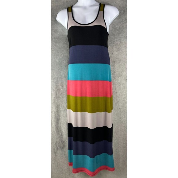 Green Envelope Women’s Medium Color Block Stripes Maxi Dress Racer Back Beach - Picture 1 of 10